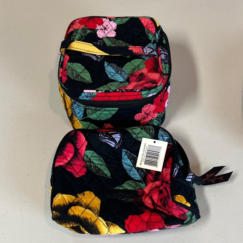 Vera Bradley Havana Rose Medium Cosmetic & Large Train Style Case NEW